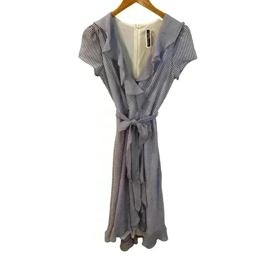 Julian Taylor Faux Wrap Ruffled Blue/White Striped Dress Size 6
